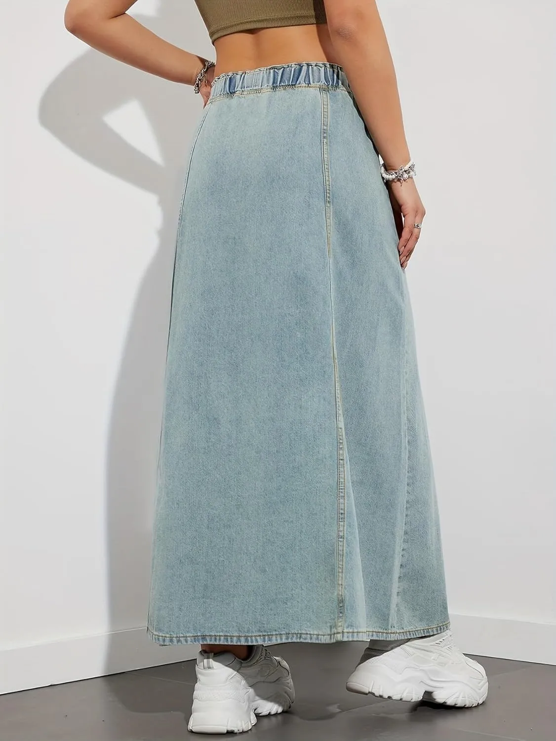yoeasy Women's Drawstring Elastic High Waist Denim Skirt Casual Flowy Swing A-Line Long Maxi Flare Denim Skirt