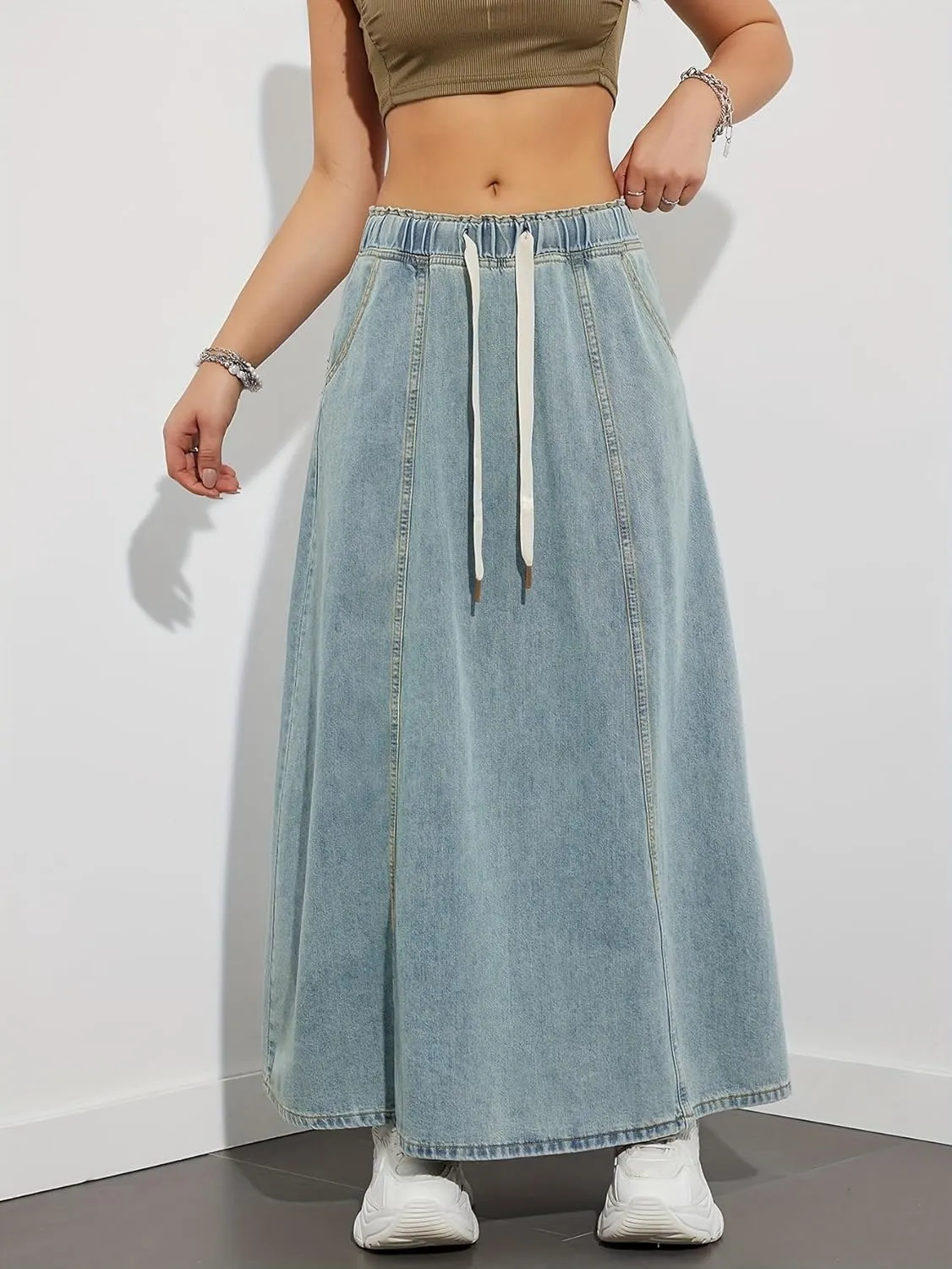 yoeasy Women's Drawstring Elastic High Waist Denim Skirt Casual Flowy Swing A-Line Long Maxi Flare Denim Skirt