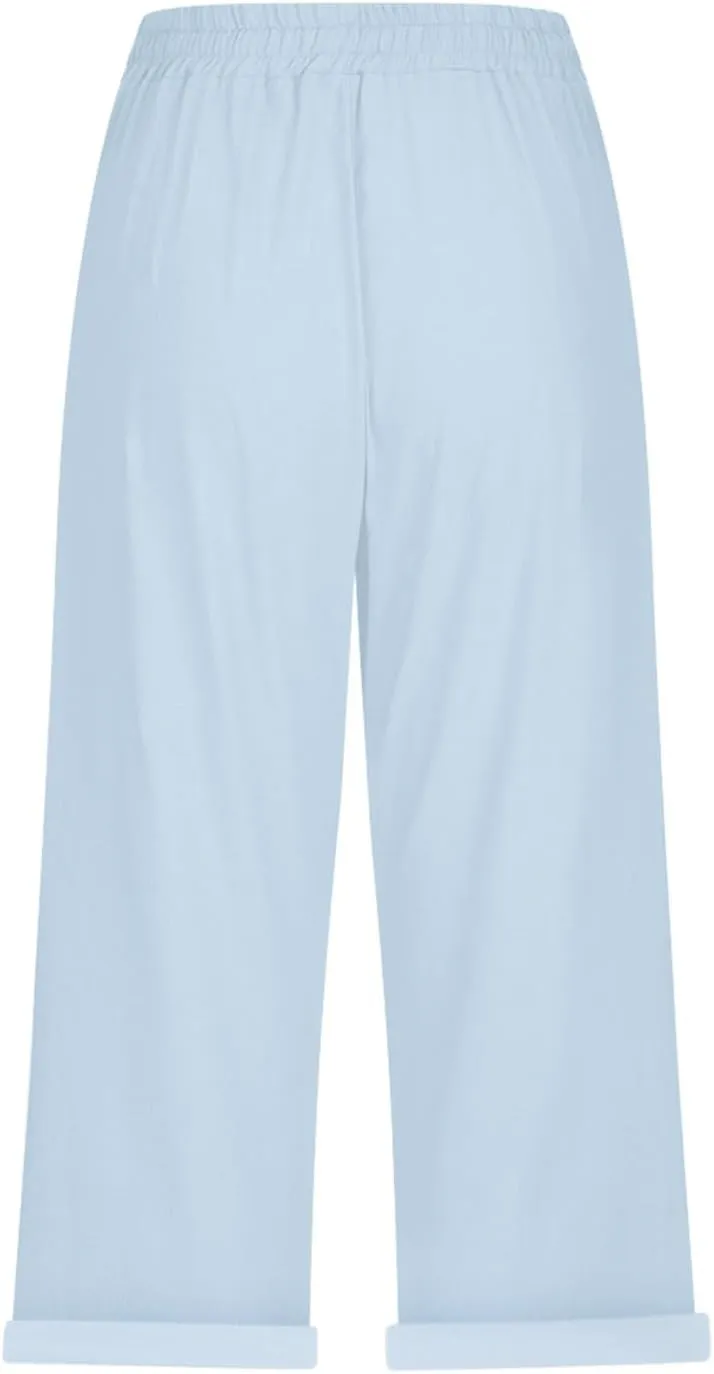 Yoga Pants with Pockets for Women Linen Elastic Seven Pants Beach Loose Comfy Trendy Elastic Waist Cropped Trouser