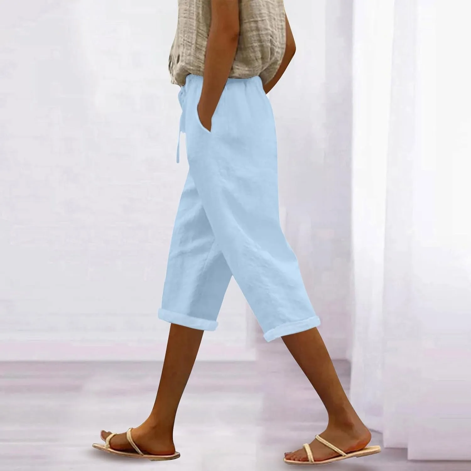 Yoga Pants with Pockets for Women Linen Elastic Seven Pants Beach Loose Comfy Trendy Elastic Waist Cropped Trouser