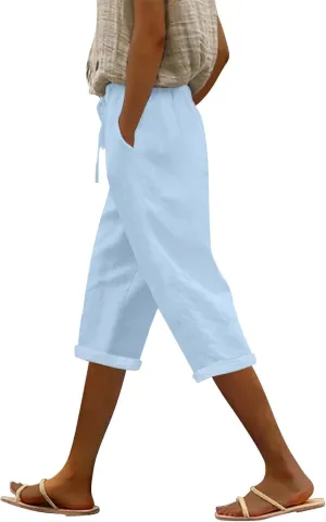 Yoga Pants with Pockets for Women Linen Elastic Seven Pants Beach Loose Comfy Trendy Elastic Waist Cropped Trouser
