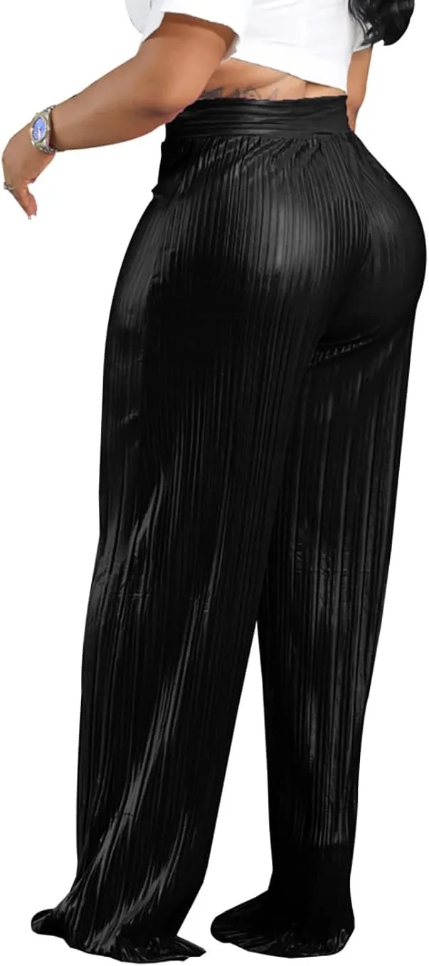 Yuopeid Women's Fashion Shiny High Waist Party Trouser Elastic Palazzo Shimmer Wide Leg Night Club Pant