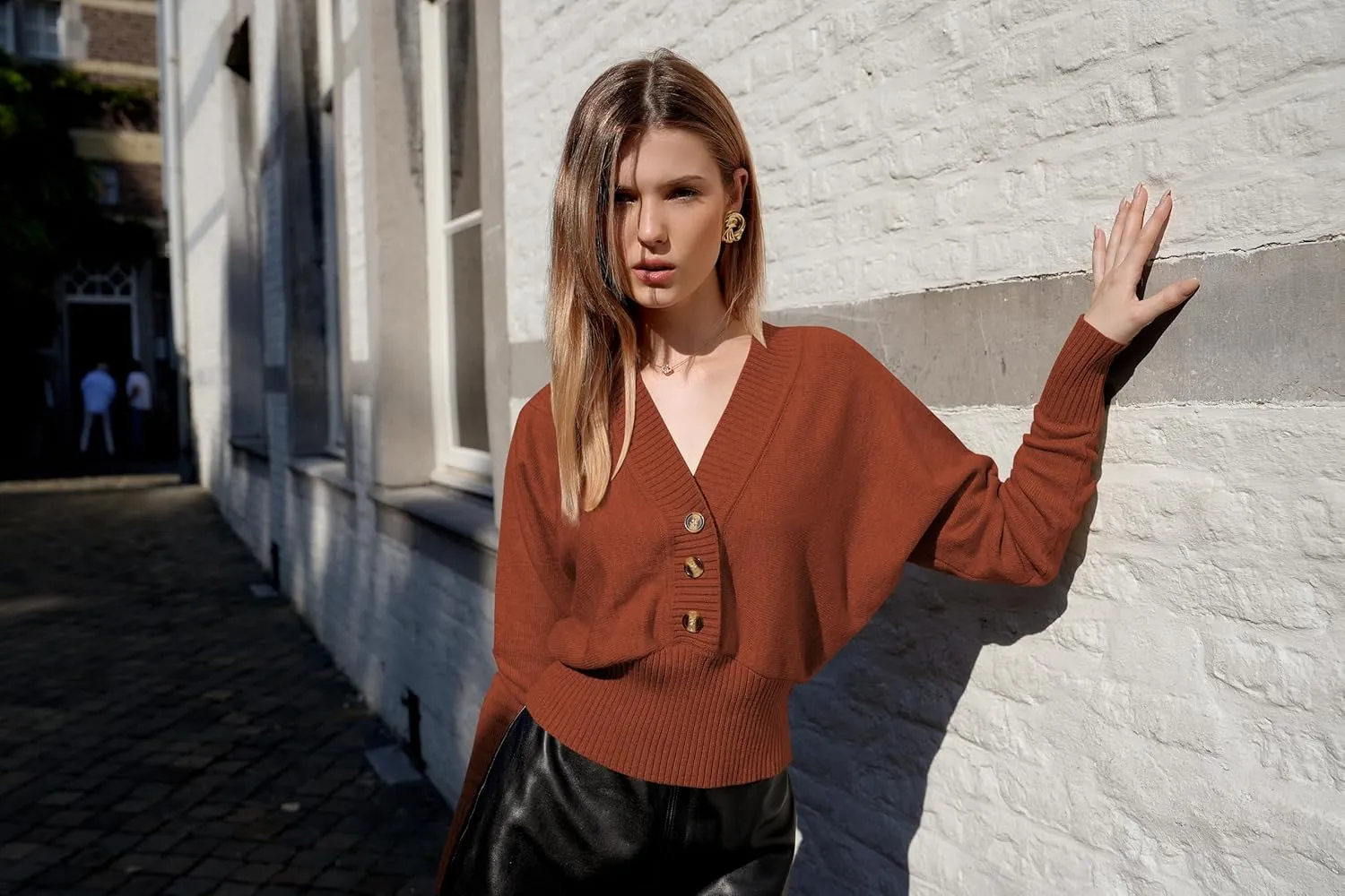 ZAFUL Women V Neck Button Knit Crop Sweaters Batwing Sleeve V Back Ribbed Hem Pullover Sweater