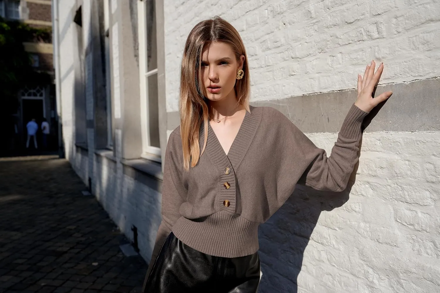 ZAFUL Women V Neck Button Knit Crop Sweaters Batwing Sleeve V Back Ribbed Hem Pullover Sweater