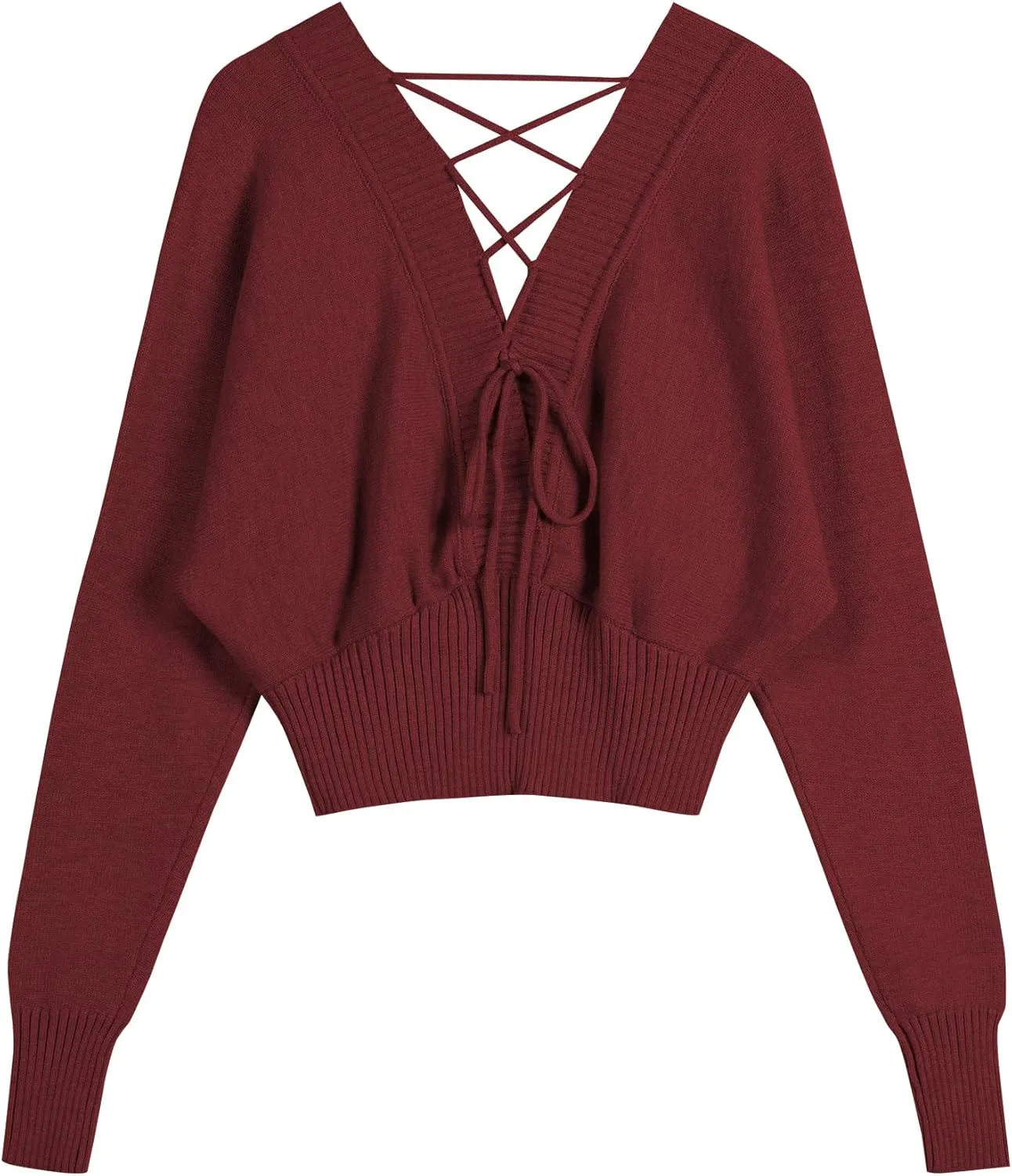 ZAFUL Women V Neck Button Knit Crop Sweaters Batwing Sleeve V Back Ribbed Hem Pullover Sweater
