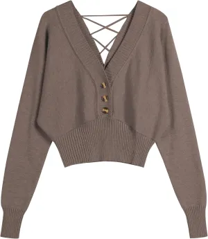 ZAFUL Women V Neck Button Knit Crop Sweaters Batwing Sleeve V Back Ribbed Hem Pullover Sweater