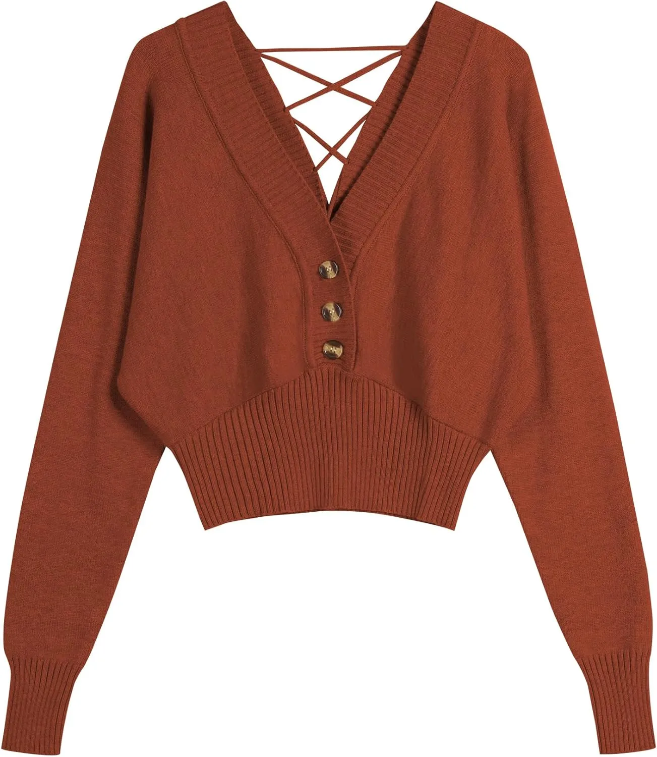 ZAFUL Women V Neck Button Knit Crop Sweaters Batwing Sleeve V Back Ribbed Hem Pullover Sweater