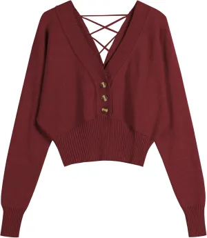 ZAFUL Women V Neck Button Knit Crop Sweaters Batwing Sleeve V Back Ribbed Hem Pullover Sweater