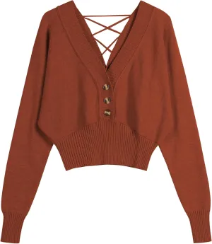 ZAFUL Women V Neck Button Knit Crop Sweaters Batwing Sleeve V Back Ribbed Hem Pullover Sweater