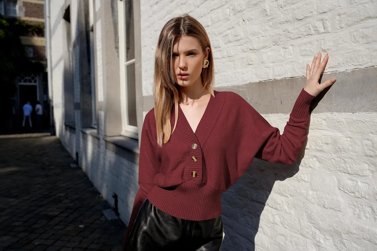 ZAFUL Women V Neck Button Knit Crop Sweaters Batwing Sleeve V Back Ribbed Hem Pullover Sweater