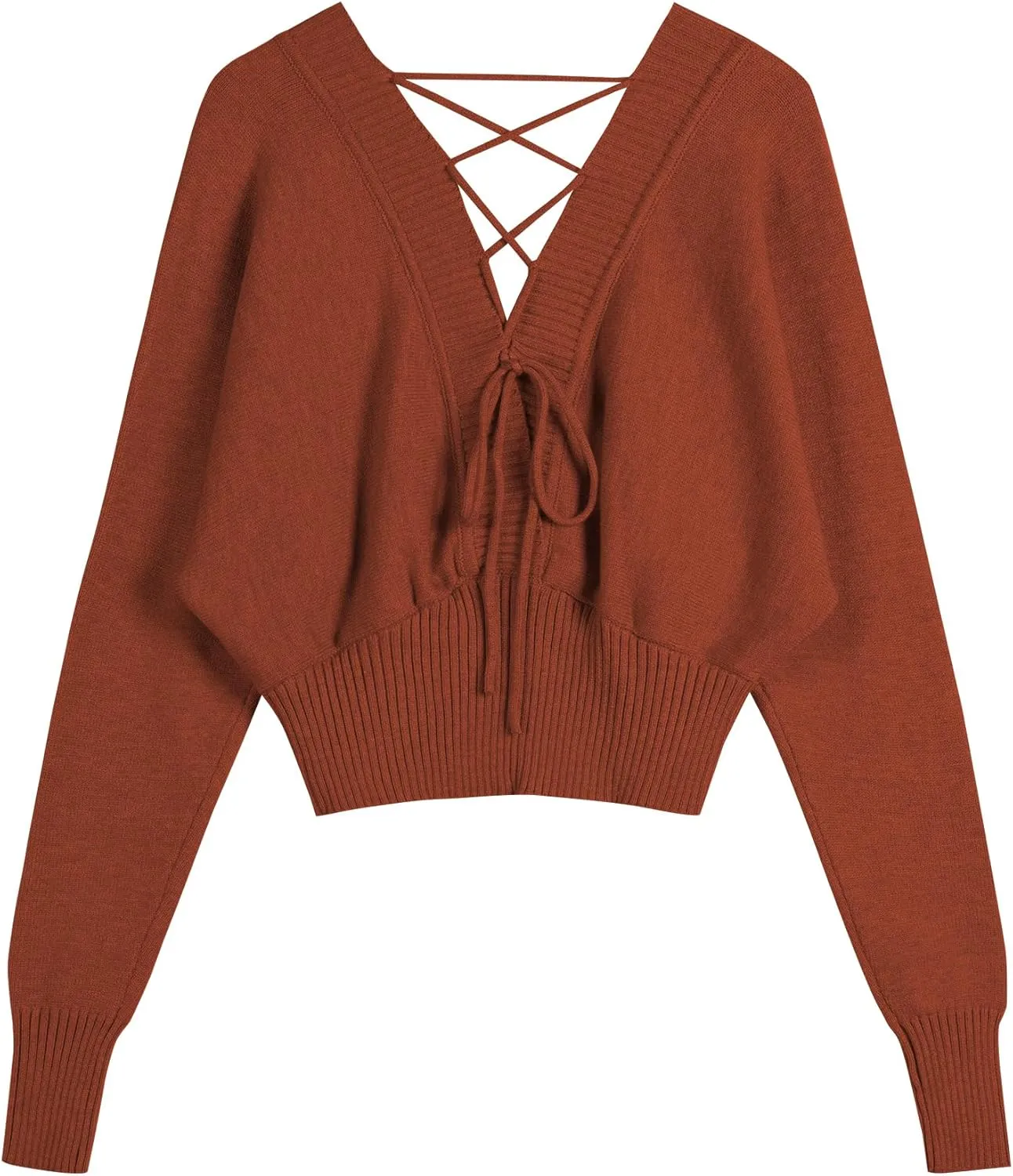 ZAFUL Women V Neck Button Knit Crop Sweaters Batwing Sleeve V Back Ribbed Hem Pullover Sweater