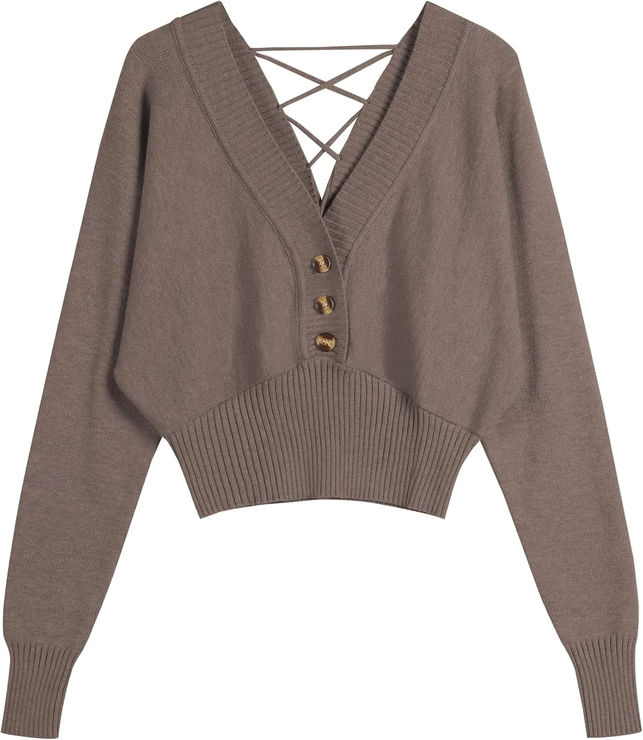 ZAFUL Women V Neck Button Knit Crop Sweaters Batwing Sleeve V Back Ribbed Hem Pullover Sweater