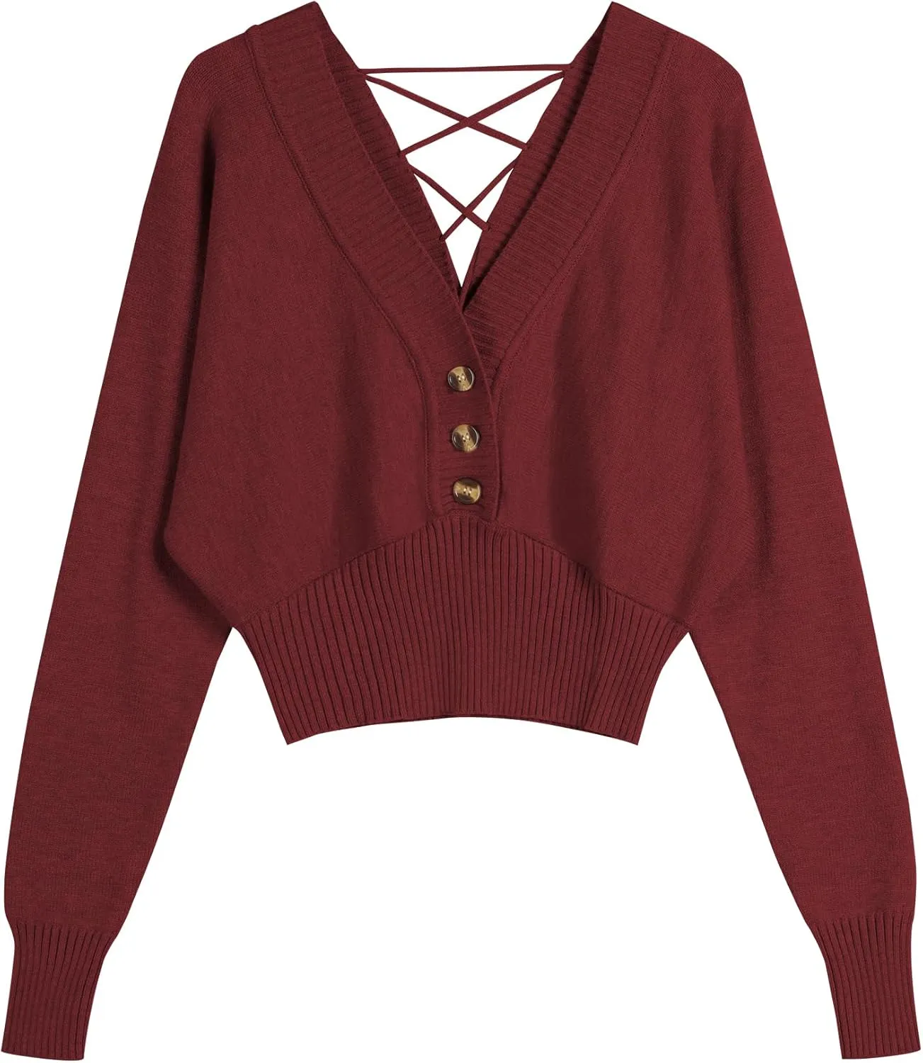 ZAFUL Women V Neck Button Knit Crop Sweaters Batwing Sleeve V Back Ribbed Hem Pullover Sweater