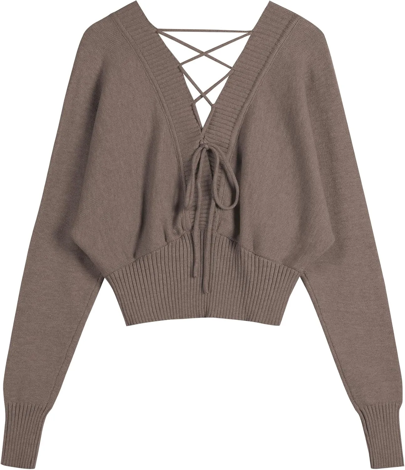 ZAFUL Women V Neck Button Knit Crop Sweaters Batwing Sleeve V Back Ribbed Hem Pullover Sweater