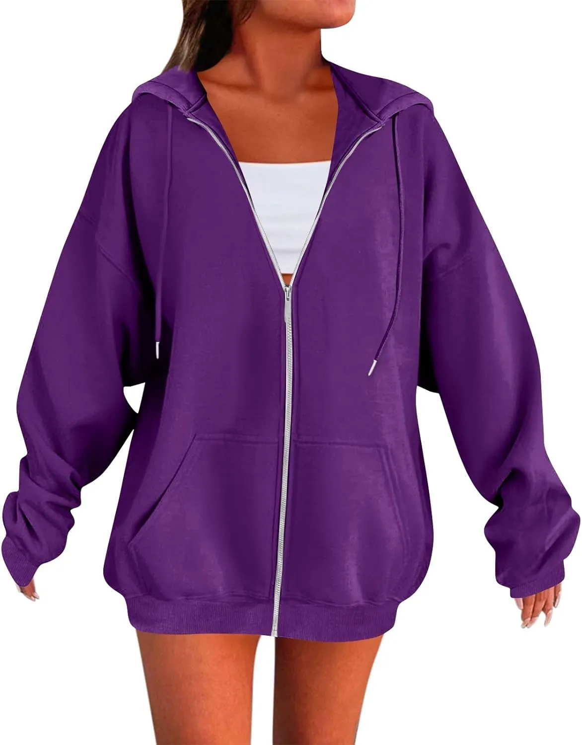 Zip Up Hoodie Women Preppy Casual Comfy Fleece Jacket Trendy Long Sleeve Oversized Sweatshirt Winter Coats with Hood