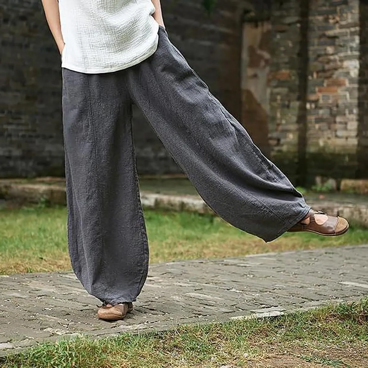 ZOCAVIA Women's Cotton Linen Pants Casual Elastic Waist Baggy Harem Pants Japanese Pants Loose Lantern Trouser with Pockets