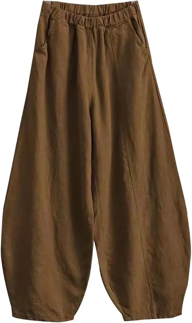ZOCAVIA Women's Cotton Linen Pants Casual Elastic Waist Baggy Harem Pants Japanese Pants Loose Lantern Trouser with Pockets