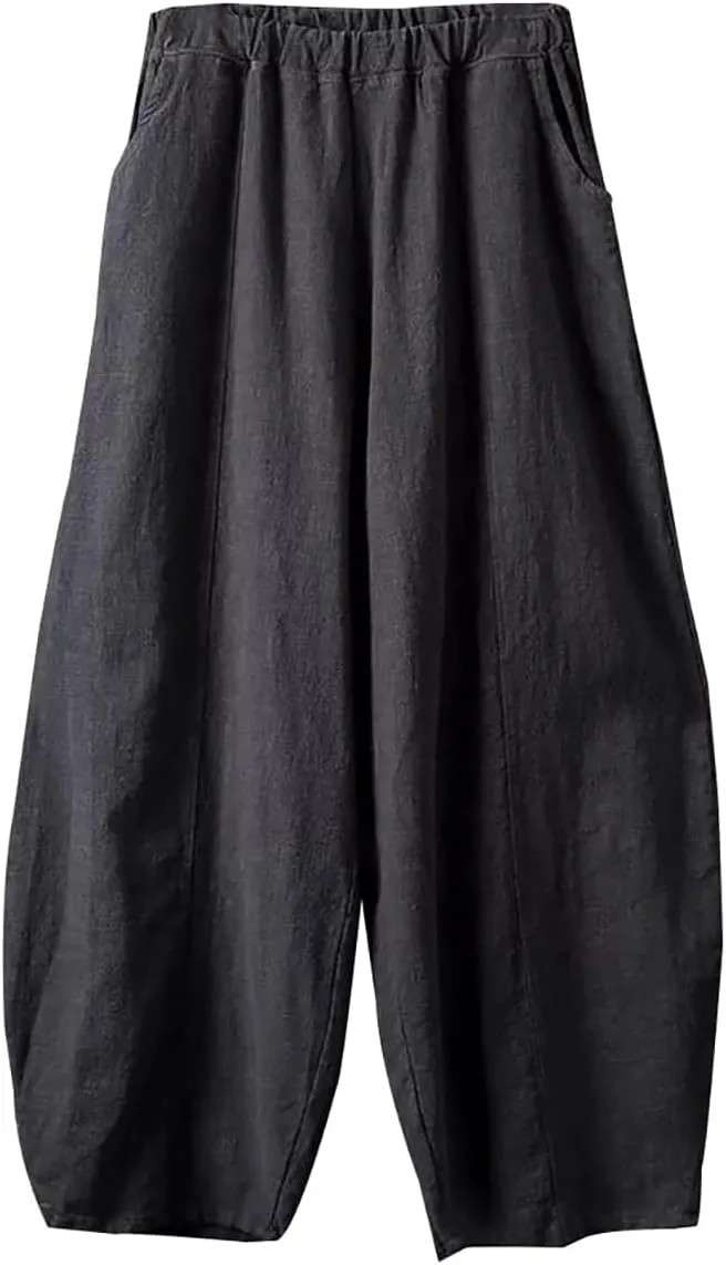 ZOCAVIA Women's Cotton Linen Pants Casual Elastic Waist Baggy Harem Pants Japanese Pants Loose Lantern Trouser with Pockets