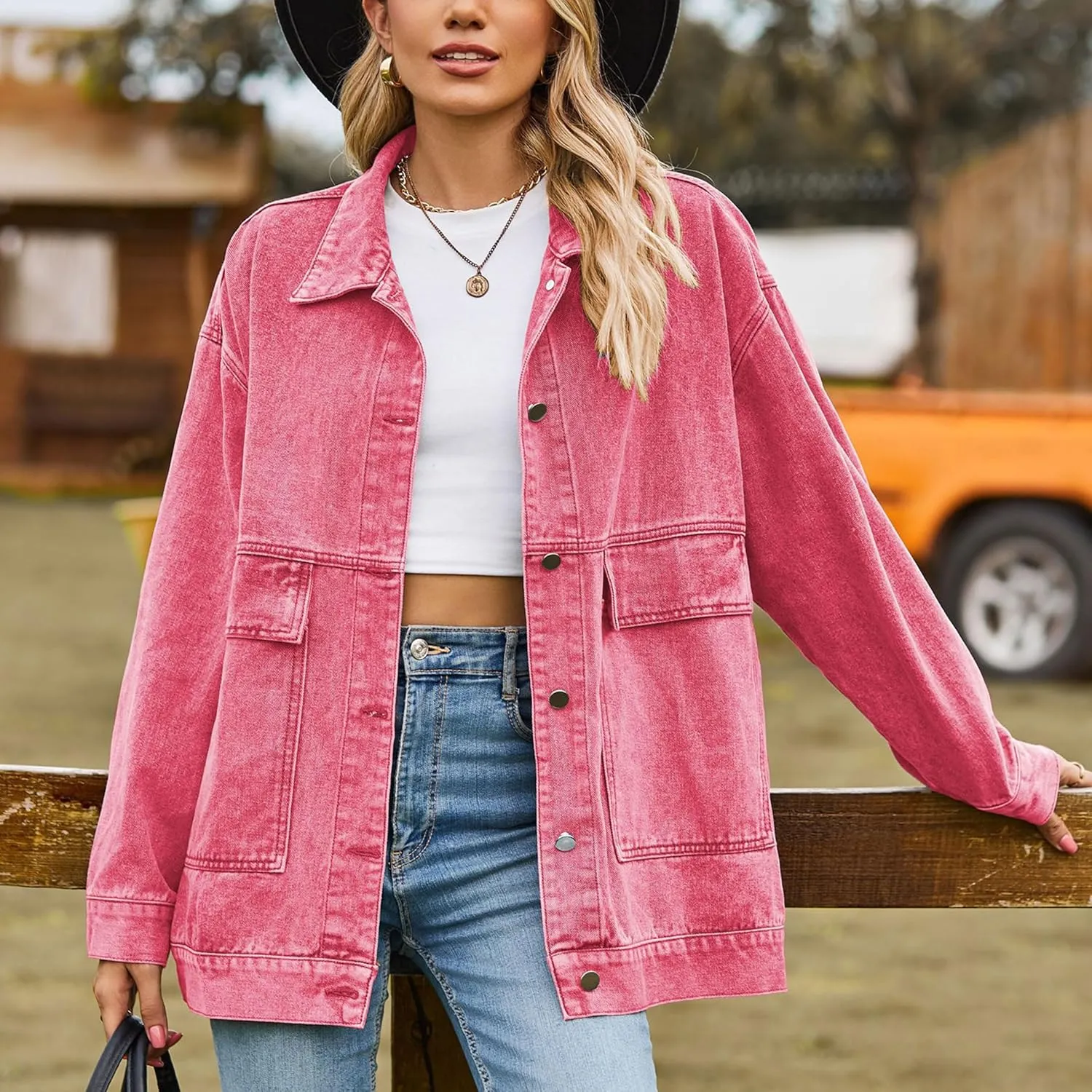 Zontroldy Oversized Denim Jakcet for Women Classic Lapel Long Sleeve Denim Jean Shakcet Jacket with Pockets