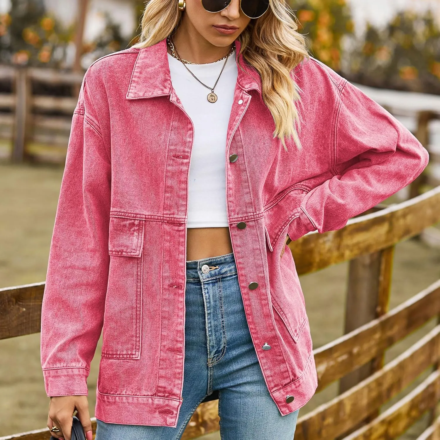 Zontroldy Oversized Denim Jakcet for Women Classic Lapel Long Sleeve Denim Jean Shakcet Jacket with Pockets