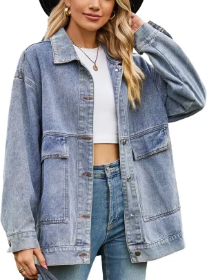 Zontroldy Oversized Denim Jakcet for Women Classic Lapel Long Sleeve Denim Jean Shakcet Jacket with Pockets