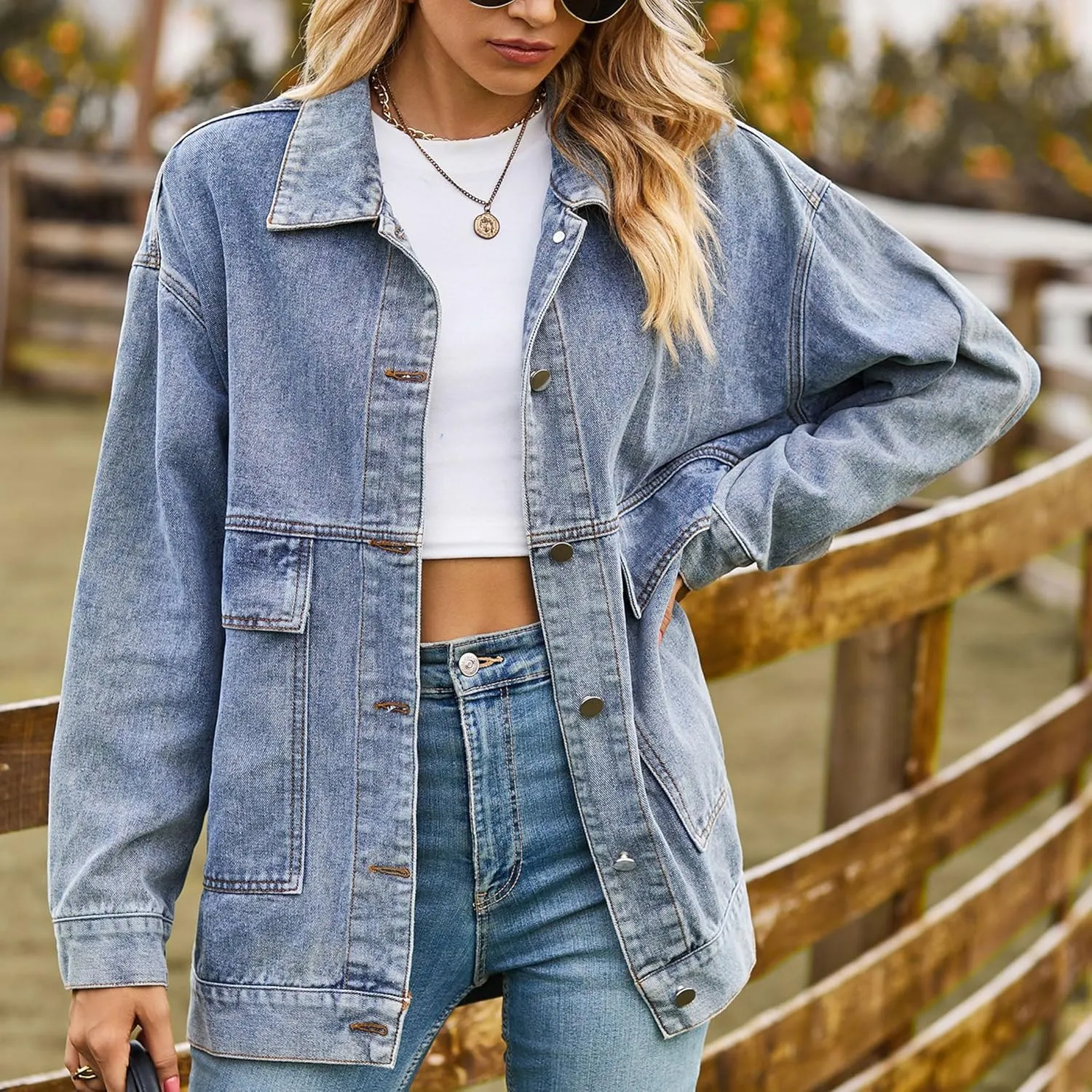 Zontroldy Oversized Denim Jakcet for Women Classic Lapel Long Sleeve Denim Jean Shakcet Jacket with Pockets