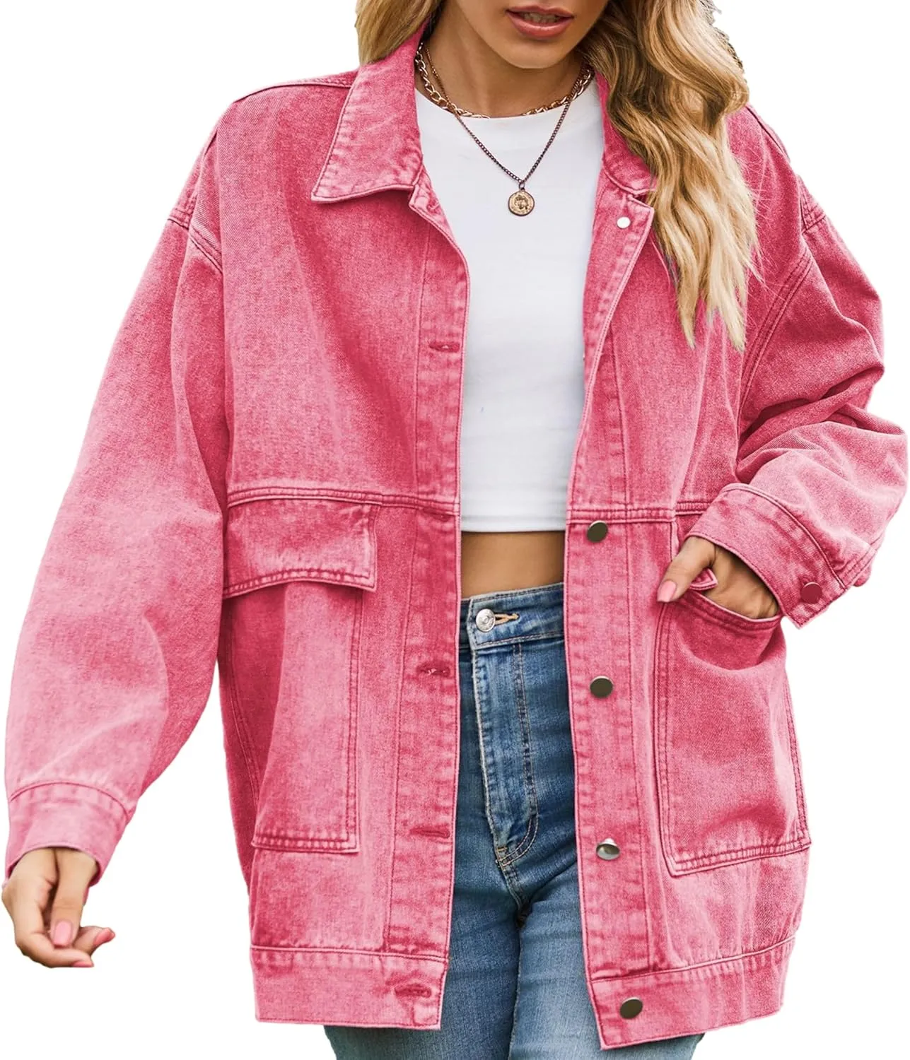 Zontroldy Oversized Denim Jakcet for Women Classic Lapel Long Sleeve Denim Jean Shakcet Jacket with Pockets