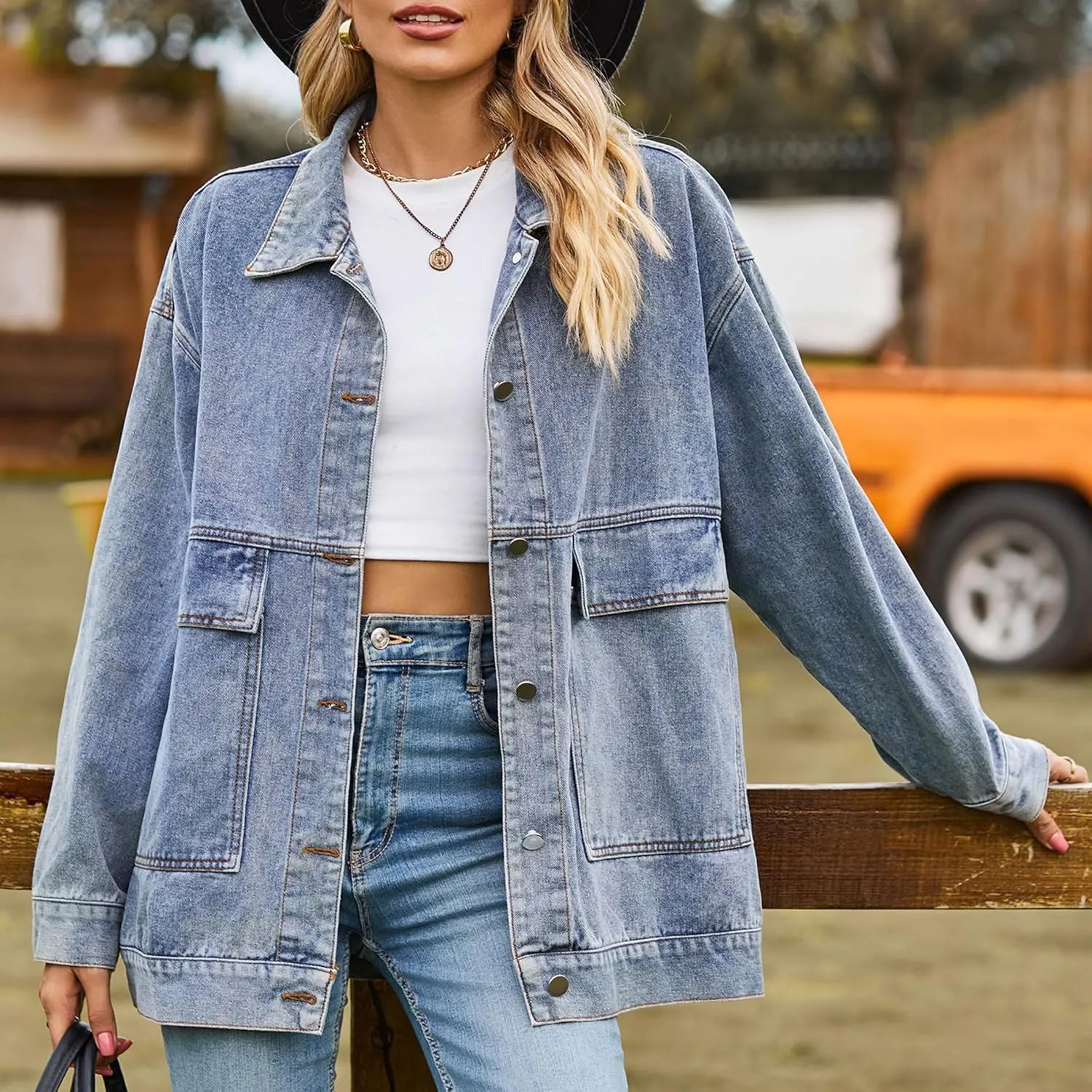 Zontroldy Oversized Denim Jakcet for Women Classic Lapel Long Sleeve Denim Jean Shakcet Jacket with Pockets