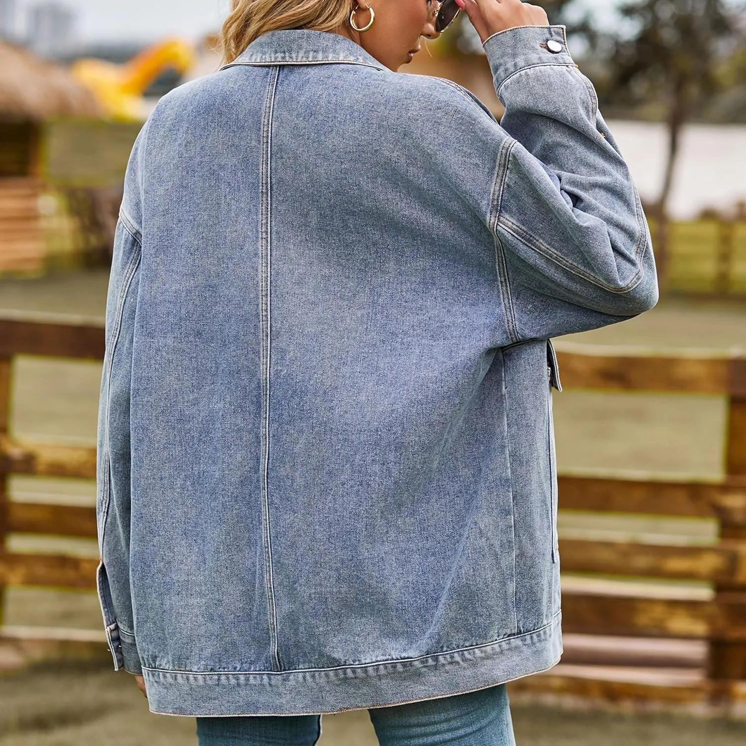 Zontroldy Oversized Denim Jakcet for Women Classic Lapel Long Sleeve Denim Jean Shakcet Jacket with Pockets