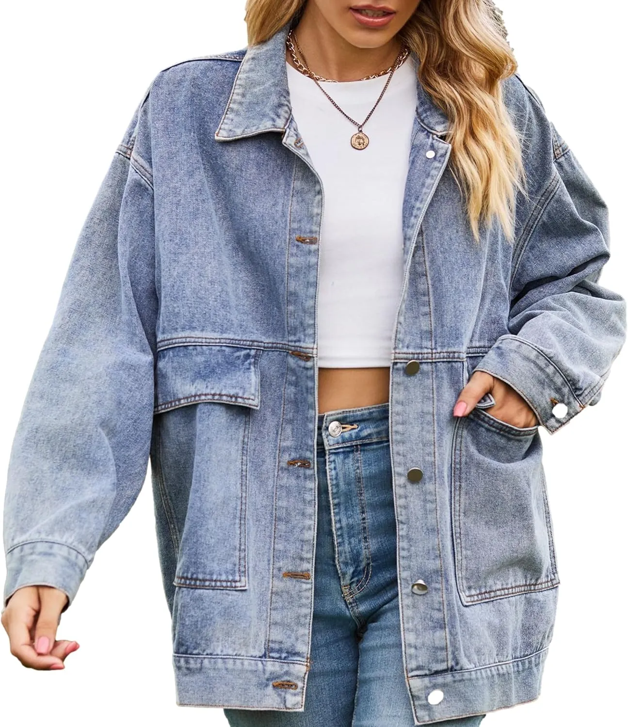 Zontroldy Oversized Denim Jakcet for Women Classic Lapel Long Sleeve Denim Jean Shakcet Jacket with Pockets