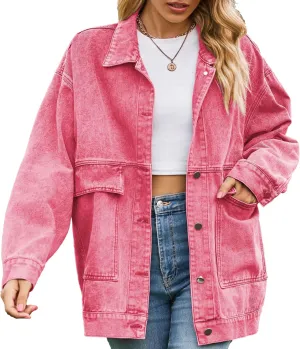Zontroldy Oversized Denim Jakcet for Women Classic Lapel Long Sleeve Denim Jean Shakcet Jacket with Pockets