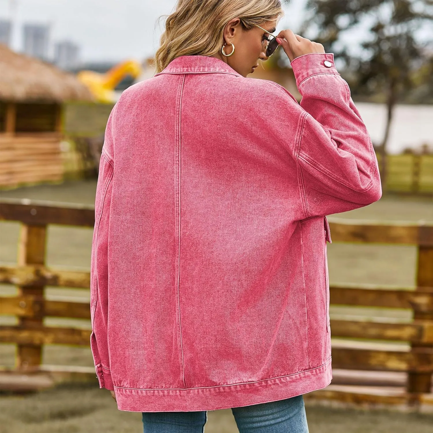 Zontroldy Oversized Denim Jakcet for Women Classic Lapel Long Sleeve Denim Jean Shakcet Jacket with Pockets